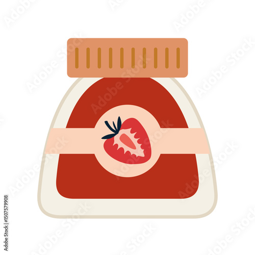 Jar of strawberry jam with tan lid and label featuring red berry. Home cooking and canning. Trendy modern vector illustration isolated on white background, hand drawn, flat design