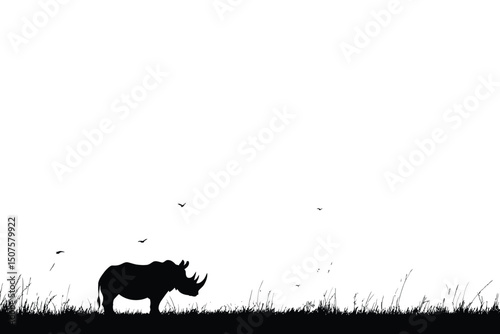 Rhino silhouette in grassland with birds in a minimalist scene