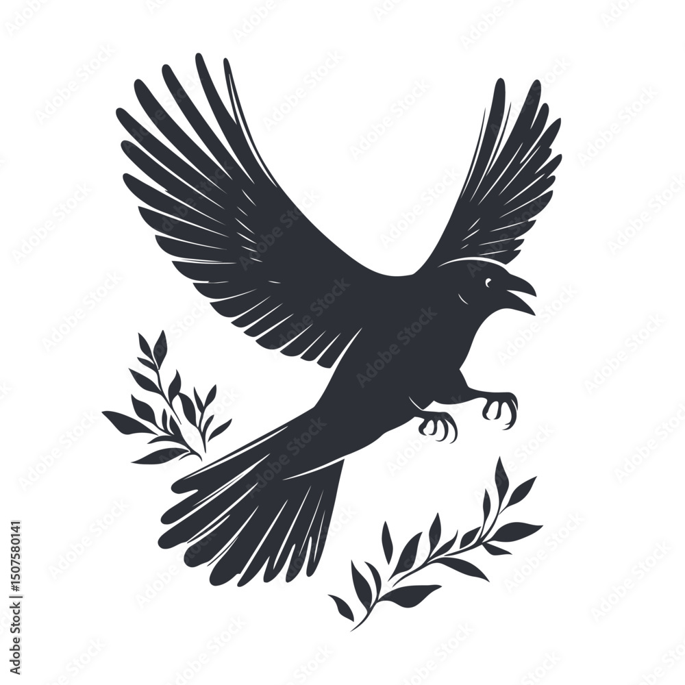 Fototapeta premium Silhouette of flying crow with open wings and olive branches