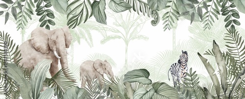 Photography Detailed Jungle Scene Mural: African Elephant & Zebra in Verdant Tropical Leaves