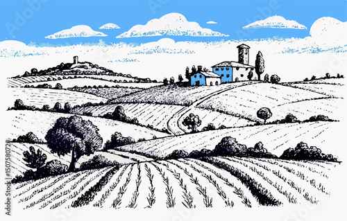 Tuscan Countryside Hand Drawn Illustration