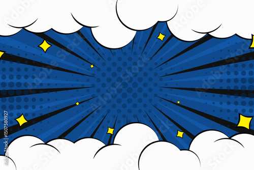 Pop art comic background with cloud and star. Cartoon Vector Illustration on blue