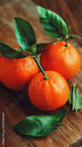 Fresh Mandarins Arranged on Rustic Wooden Surface Alongside Green Leaves