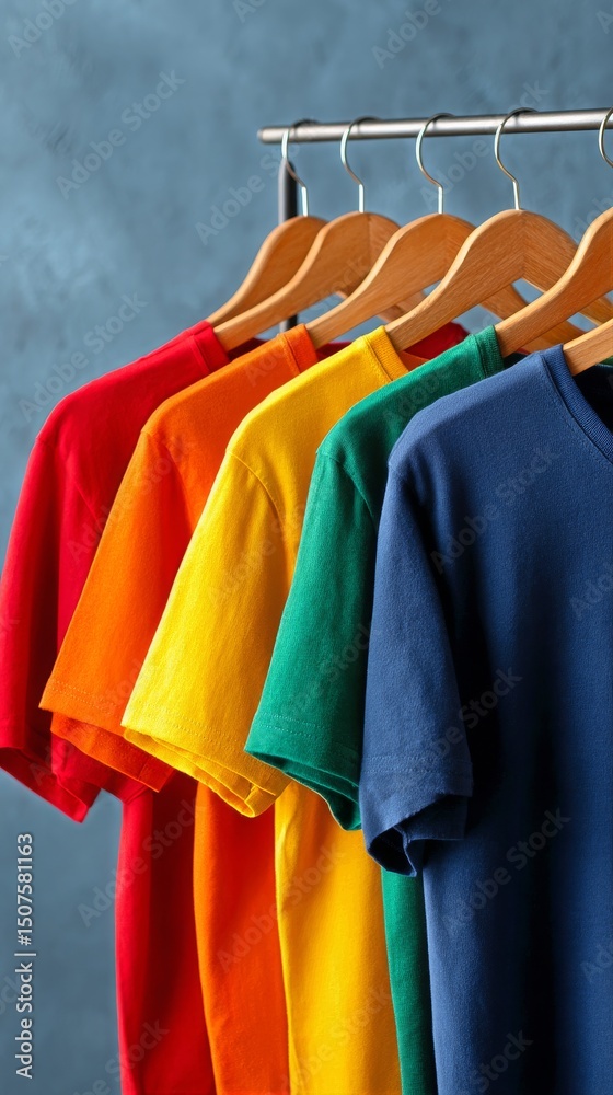 Fototapeta premium Vibrant Collection of Casual T-Shirts Displayed on Hangers in a Studio Setting