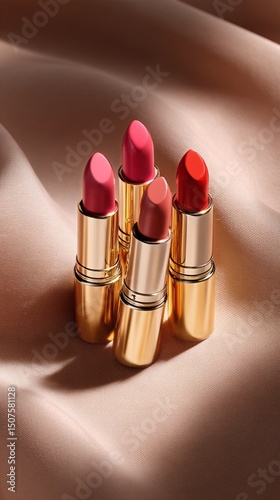 Collection of Vibrant Lipsticks Arranged Elegantly on Soft Satin Fabric