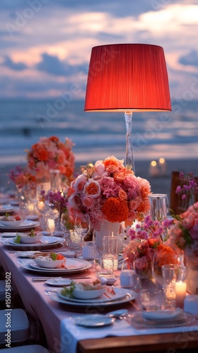 Elegant Seaside Dining Setting With Floral Arrangements and Ocean View During...