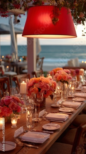 Elegant Beachside Dining Setup With Vibrant Floral Arrangements at Sunset