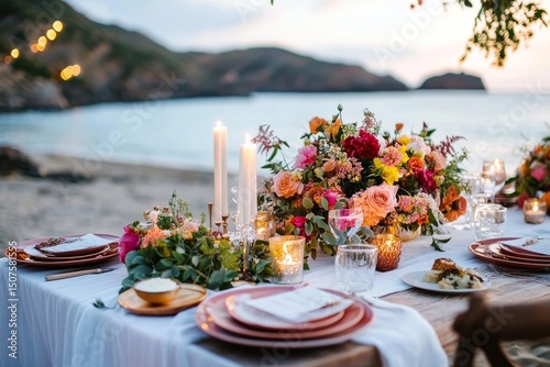 Elegant Beachside Dinner Setup With Vibrant Flowers at Sunset
