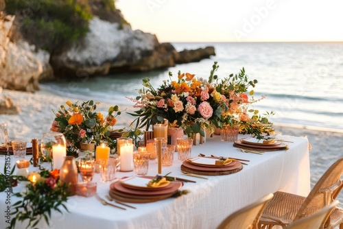 Elegant Beachside Dinner Setup With Vibrant Flowers at Sunset