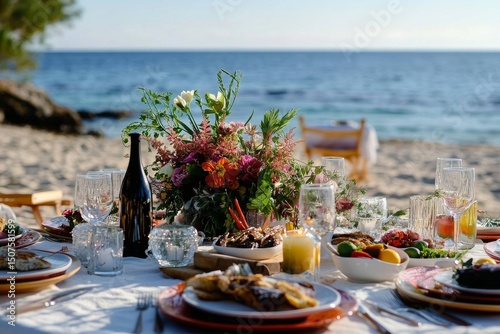 Elegant Beachside Dining Experience Featuring Fresh Seafood and Vibrant Flowe...