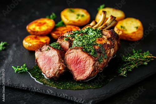 Perfectly Roasted Lamb Rack With Herb Sauce and Golden Potatoes Served on Bla...