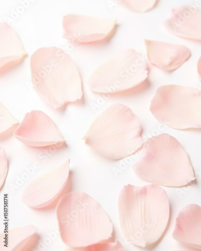 Delicate Pink Rose Petals Scattered on White Background Texture