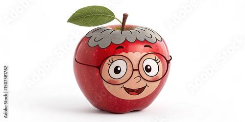 A comical elderly apple character styled like a 1930s grandmother, shaped from a plump red-delicious apple with expressive cartoon eyes, rounded glasses resting on a stubby nose, and a puff of vintage
