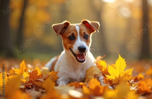 Adorable Jack Russell terrier dog in autumn park. Happy puppy lies in golden yellow leaves. Cute pet enjoys sunny fall season, playing outside. Domestic animal loves outdoor walk and is playful. photo