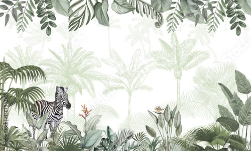 Fototapeta Naklejka Na Ścianę i Meble -  Jungle Animal Nursery Mural: Zebra in Green Tropical Forest