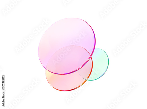 Set 3d glass round shape icon. Transparent circle podium, plate, disk, lens flying. Abstract color crystal element. Pastel gradient platform with glass morphism effect. Vector realistic illustration
