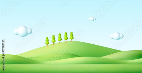 Kid podium in green hills on abstract cartoon background. 3d spring landscape. Tree, grass mountain, clouds in sky. Park scene. Childish cartoon vector illustration