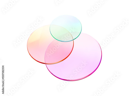 Set 3d glass round shape icon. Transparent circle podium, plate, disk, lens flying. Abstract color crystal element. Pastel gradient platform with glass morphism effect. Vector realistic illustration