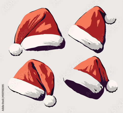 Four Red Santa Hats, Christmas Hat Illustrations, Holiday Clipart