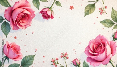 Delicate watercolor rose pattern on textured paper, graphics, red