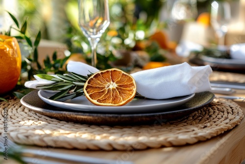 Elegant Dining Setup With Dried Oranges and Greenery in a Garden Setting Duri...