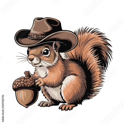 Western Squirrel with Acorn: A charming squirrel dons a cowboy hat, holding a large acorn, a whimsical illustration that's both fun and delightful.
