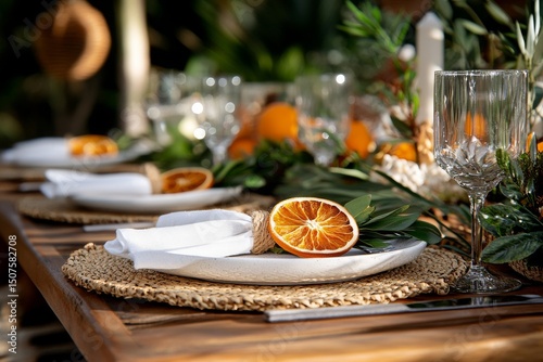 Elegant Dining Setup With Dried Oranges and Greenery in a Garden Setting Duri...