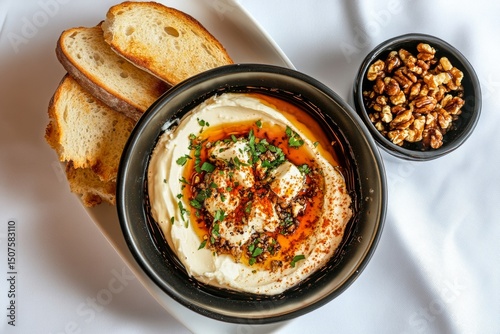 Delicious Dish of Creamy Yogurt Topped With Oil and Spices Served With Bread ...