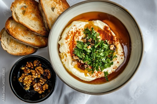Delicious Appetizer Featuring Creamy Dip, Toasted Bread and Nuts for a Flavor...