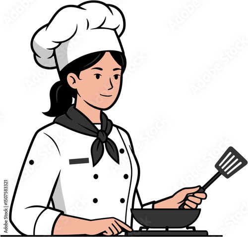Young female chef cooking with spatula in a professional kitchen  
