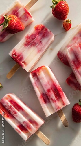 Strawberry Popsicles With Cream Create a Refreshing Summer Treat on a Marble ...