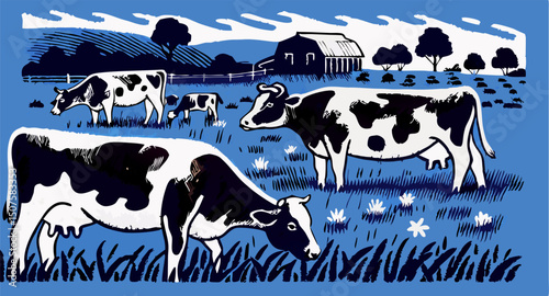 Black and White Cows Grazing in a Pastoral Field