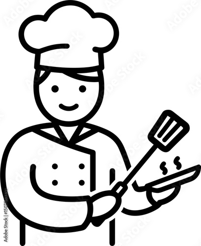 Chef holding spatula and serving food on a plate in kitchen  