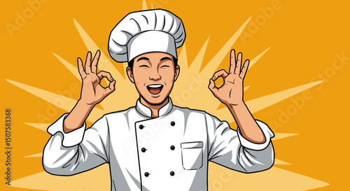 Cartoon chef giving a thumbs up in white uniform against pink background  
