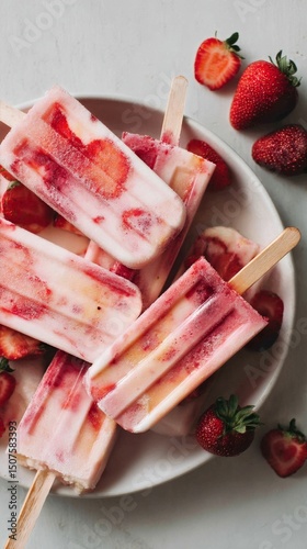 Strawberry Popsicles With Cream Create a Refreshing Summer Treat on a Marble ...