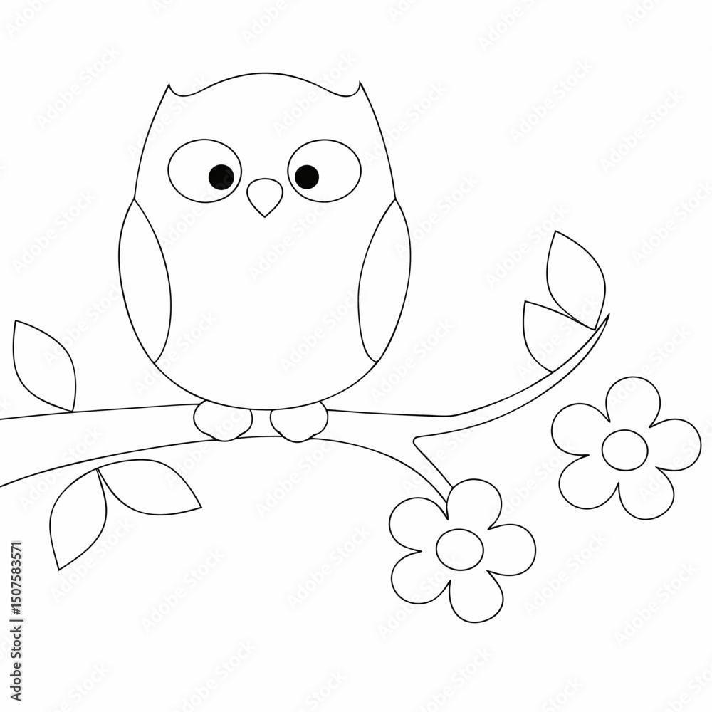Fototapeta premium Cartoon owl coloring page simple and minimal line art illustration on white background 