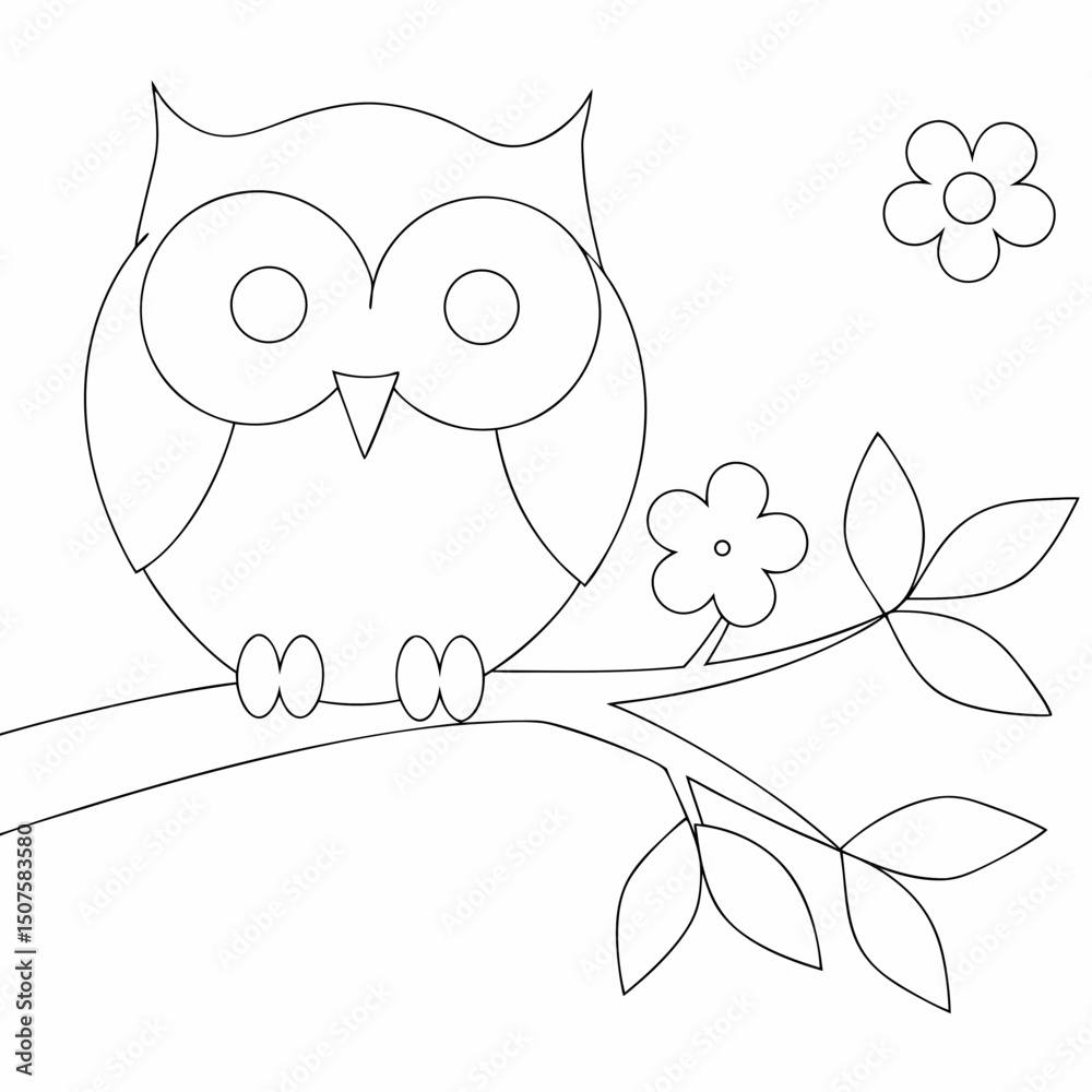 Fototapeta premium Cartoon owl coloring page simple and minimal line art illustration on white background 