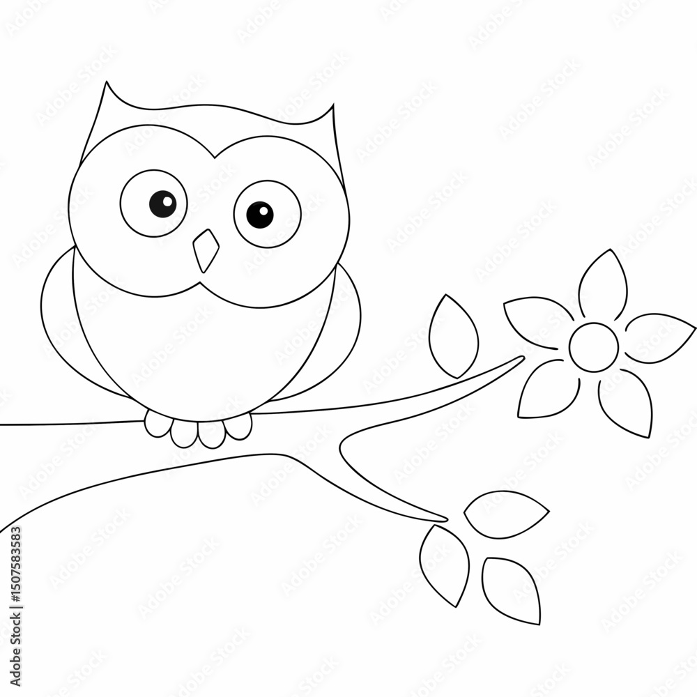 Fototapeta premium Cartoon owl coloring page simple and minimal line art illustration on white background 