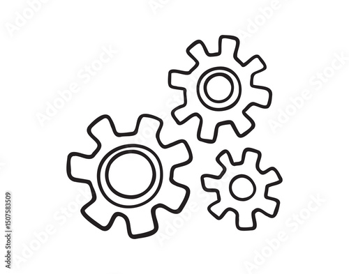 cogs and gears doodle hand drawn icon. Outline drawing settings three cogs and gears line clipart symbol