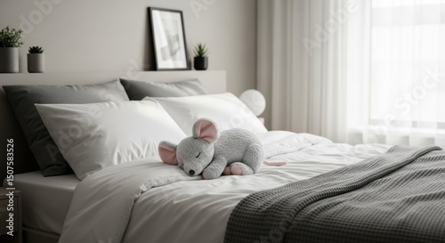 Cute gray mouse plush toy sleeping on a cozy bed with white and gray bedding. Comfortable modern bedroom setup for relaxation, rest concept.