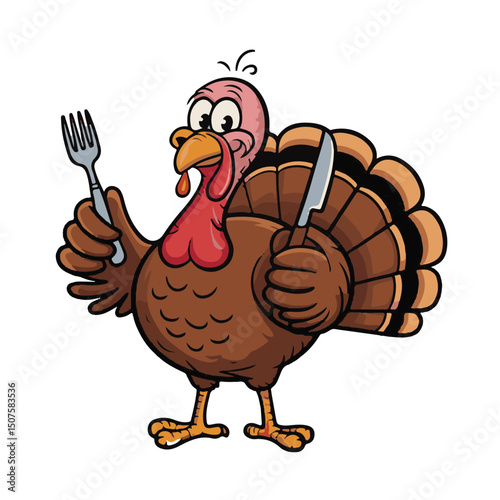Turkey's Feast Anticipation: A cartoon turkey humorously holds a fork and knife, displaying eager anticipation for a festive meal or holiday celebration.