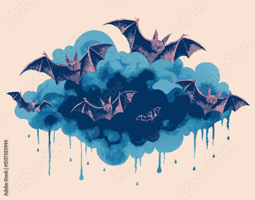 Spooky Bats in Blue Cloud Illustration
