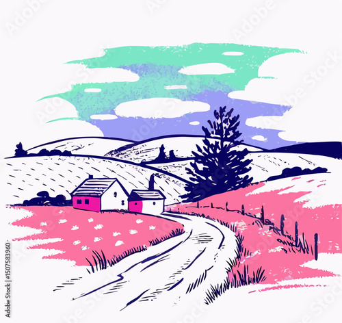 Countryside Road, Pink Hills, Two Houses, Illustration