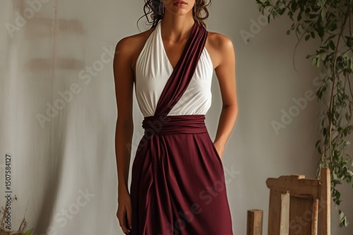 Elegant Woman Poses in Stunning Maroon Dress Against Textured Wall Backdrop i...
