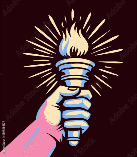 Hand Holding Flaming Torch, Vintage Style Illustration