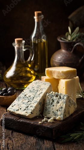 Artisanal Cheese Platter With Olive Oil and Herbs on Rustic Wooden Board in C...
