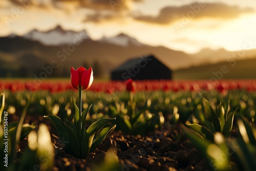 Beautiful Sunset Over Tulip Field With a Single Flower in the Foreground and ...