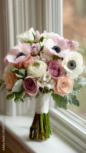 Beautiful Floral Bouquet With Pastel Flowers in a Sunny Indoor Setting Near a...
