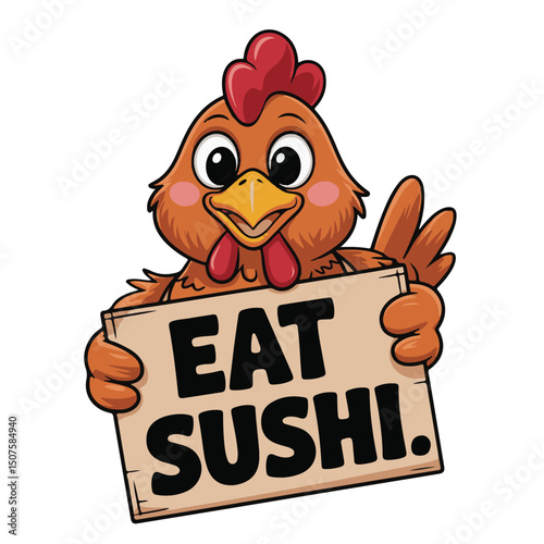 Chicken Proclaiming Sushi: A vibrant, cartoon chicken proudly displays a sign advocating for sushi, a playful contrast between a farm fowl and a Japanese delicacy. 