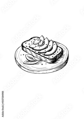 Sketch style avocado toast on transparent background for cafe menu and culinary blogs